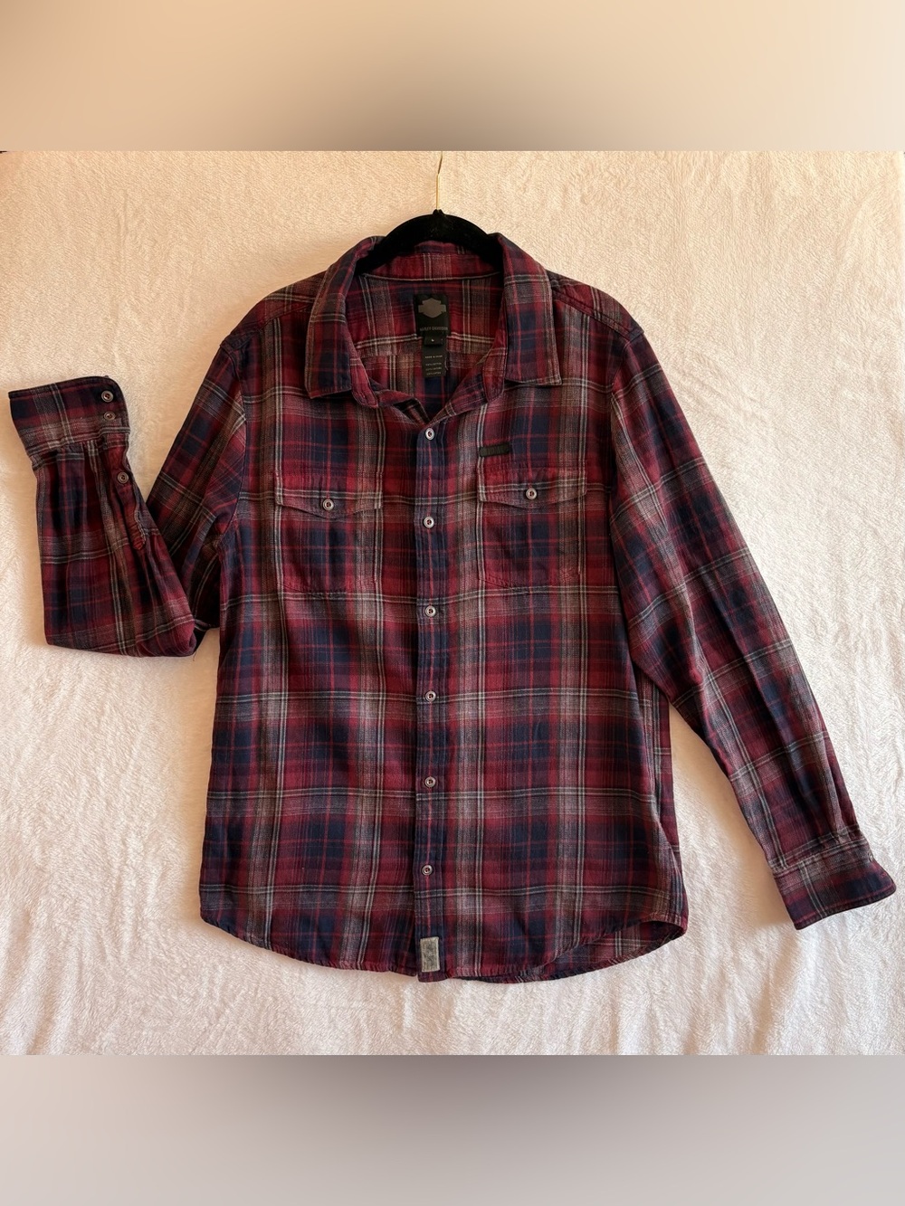 🏍️ Harley-Davidson Plaid Flannel Shirt – Men’s Large – Maroon Blue